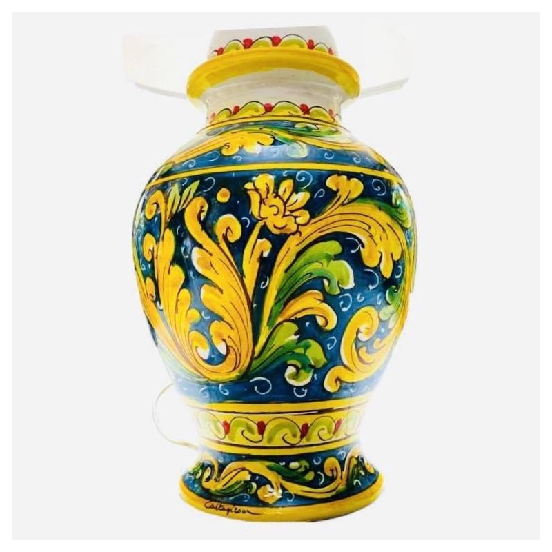 Lume in ceramica di Caltagirone fondo Blu cobalto decoro Barocco e Fiori - altezza circa 65 cm - 