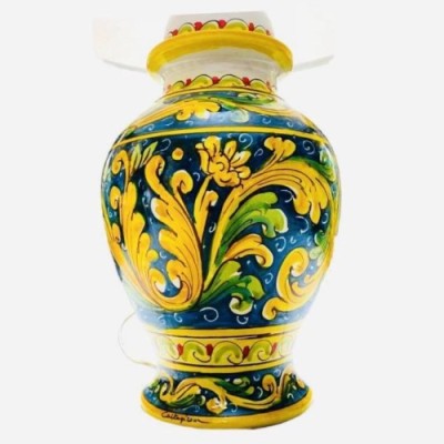 Lume in ceramica di Caltagirone fondo Blu cobalto decoro Barocco e Fiori - altezza circa 65 cm - 