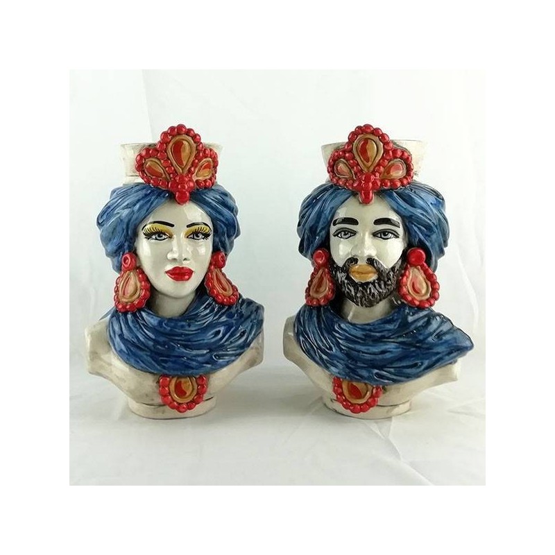 Bustes siciliens marron foncé (la paire) h 30 cm environ. Céramique Caltagirone, turban bleu et détails rouges - 