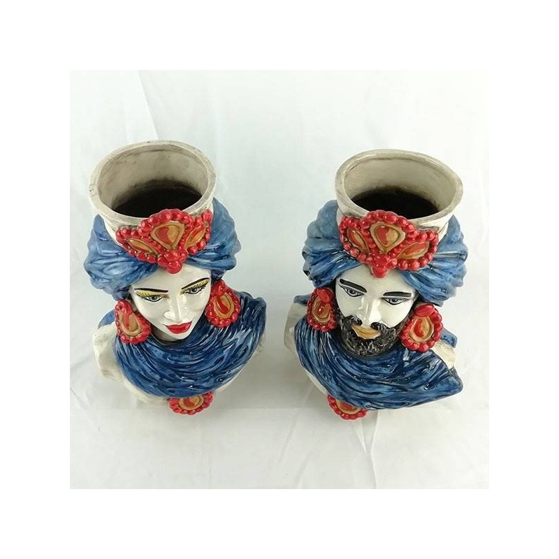 Bustes siciliens marron foncé (la paire) h 30 cm environ. Céramique Caltagirone, turban bleu et détails rouges - 