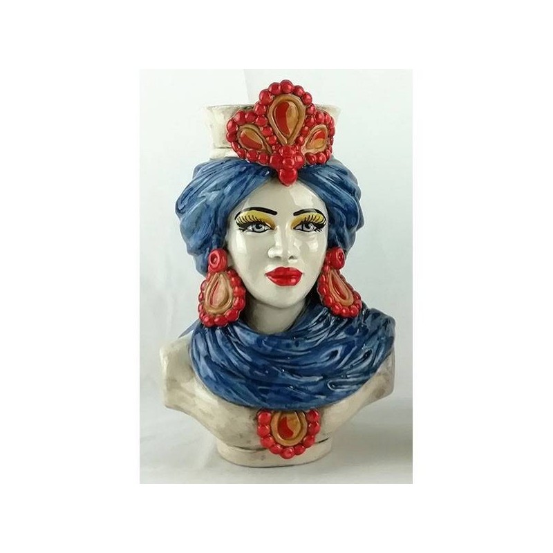 Sicilianska mörkbruna byster (par) h 30 cm ca. Caltagirone keramik, blå turban och röda detaljer - 