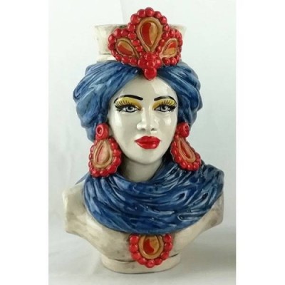 Siciliaanse donkerbruine bustes (paar) h 30 cm ca. Caltagirone-keramiek, blauwe tulband en rode details - 