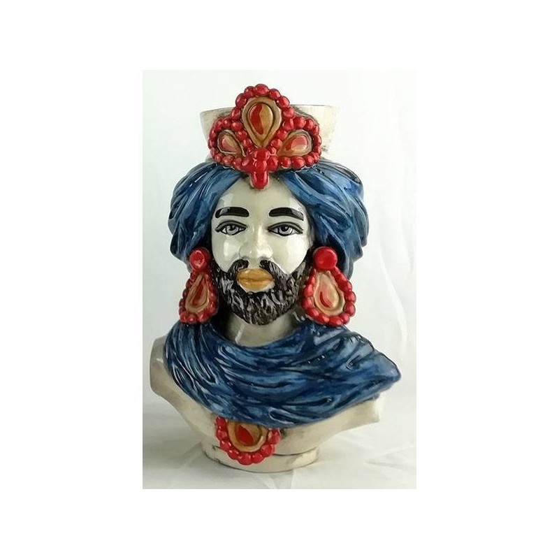 Bustes siciliens marron foncé (la paire) h 30 cm environ. Céramique Caltagirone, turban bleu et détails rouges - 