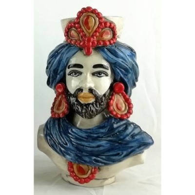 Bustes siciliens marron foncé (la paire) h 30 cm environ. Céramique Caltagirone, turban bleu et détails rouges - 