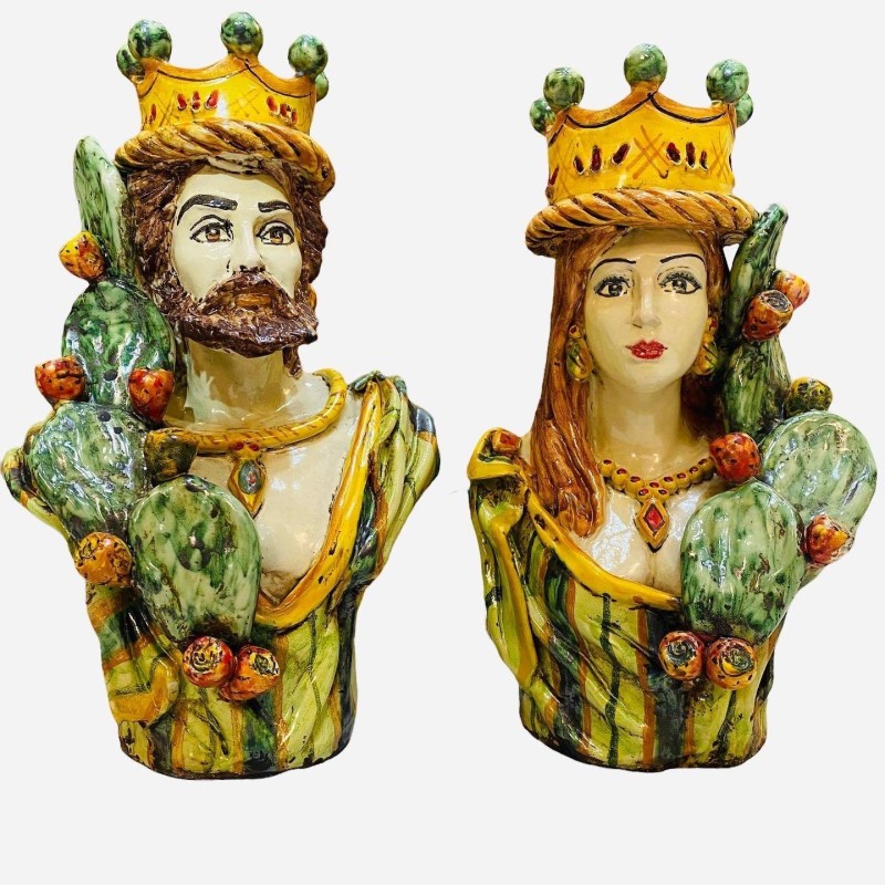 Par av Caltagirone byster med Crown och Pale di Ficodindia, antikt matt emalj - Höjd ca 26cm - 