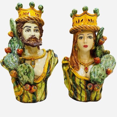 Par av Caltagirone byster med Crown och Pale di Ficodindia, antikt matt emalj - Höjd ca 26cm - 