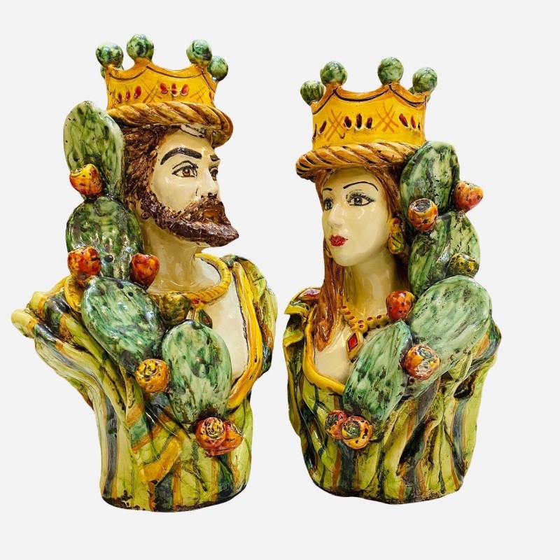 Par av Caltagirone byster med Crown och Pale di Ficodindia, antikt matt emalj - Höjd ca 26cm - 