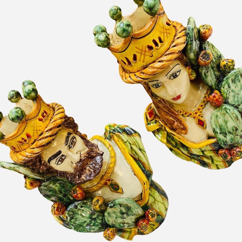 Par av Caltagirone byster med Crown och Pale di Ficodindia, antikt matt emalj - Höjd ca 26cm - 