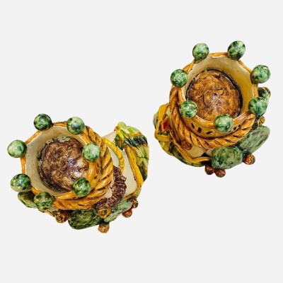 Par av Caltagirone byster med Crown och Pale di Ficodindia, antikt matt emalj - Höjd ca 26cm - 