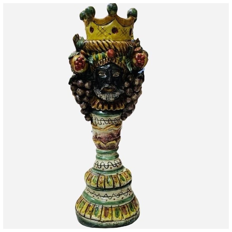 Castiçal Giano Bifronte Cabeça siciliana marrom escura com duas faces, cerâmica Caltagirone, verde vermelho e amarelo - 