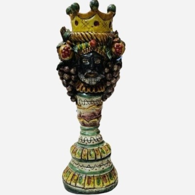 Castiçal Giano Bifronte Cabeça siciliana marrom escura com duas faces, cerâmica Caltagirone, verde vermelho e amarelo - 