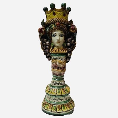 Castiçal Giano Bifronte Cabeça siciliana marrom escura com duas faces, cerâmica Caltagirone, verde vermelho e amarelo - 
