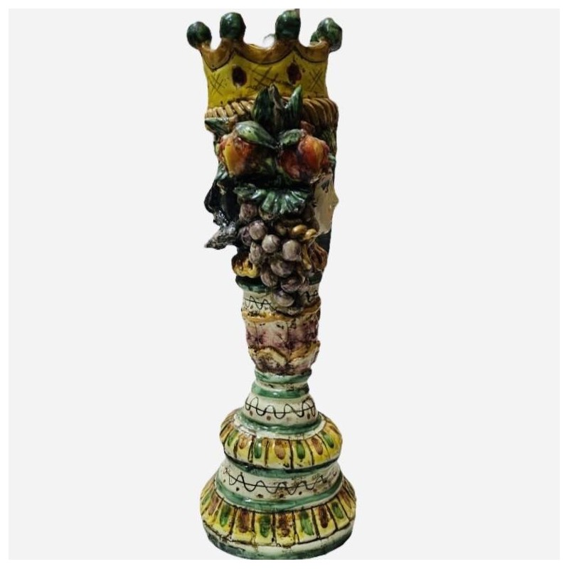 Castiçal Giano Bifronte Cabeça siciliana marrom escura com duas faces, cerâmica Caltagirone, verde vermelho e amarelo - 