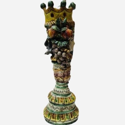 Castiçal Giano Bifronte Cabeça siciliana marrom escura com duas faces, cerâmica Caltagirone, verde vermelho e amarelo - 