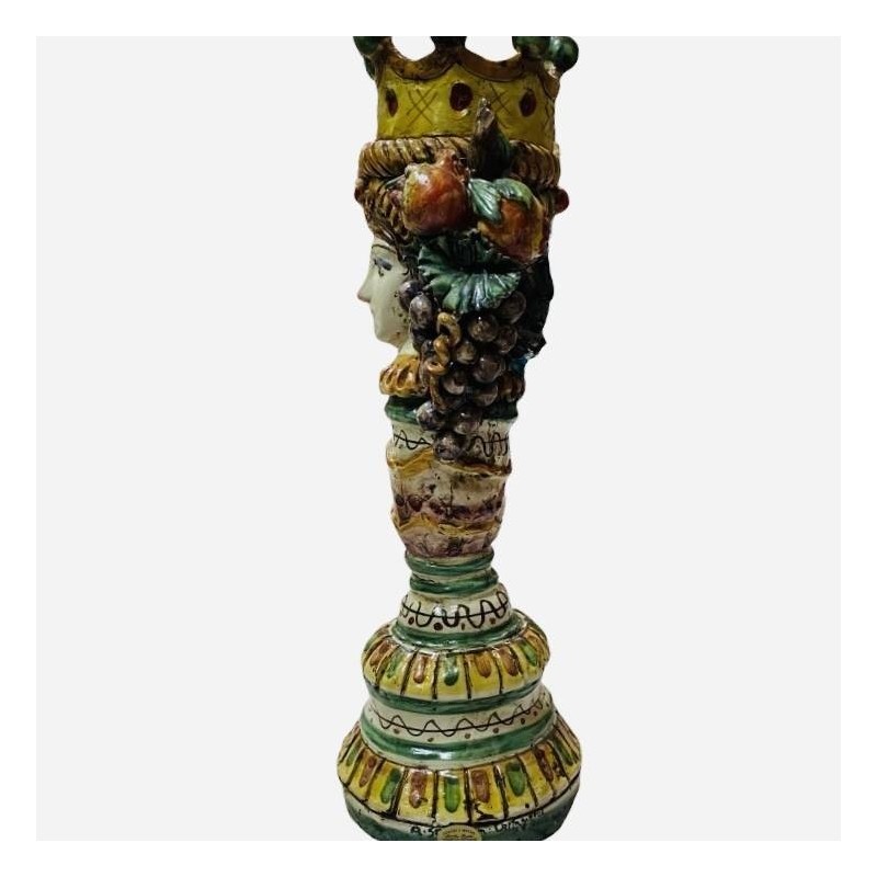 Castiçal Giano Bifronte Cabeça siciliana marrom escura com duas faces, cerâmica Caltagirone, verde vermelho e amarelo - 