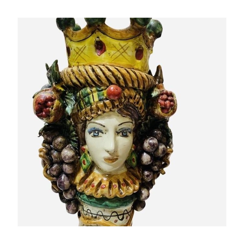 Castiçal Giano Bifronte Cabeça siciliana marrom escura com duas faces, cerâmica Caltagirone, verde vermelho e amarelo - 