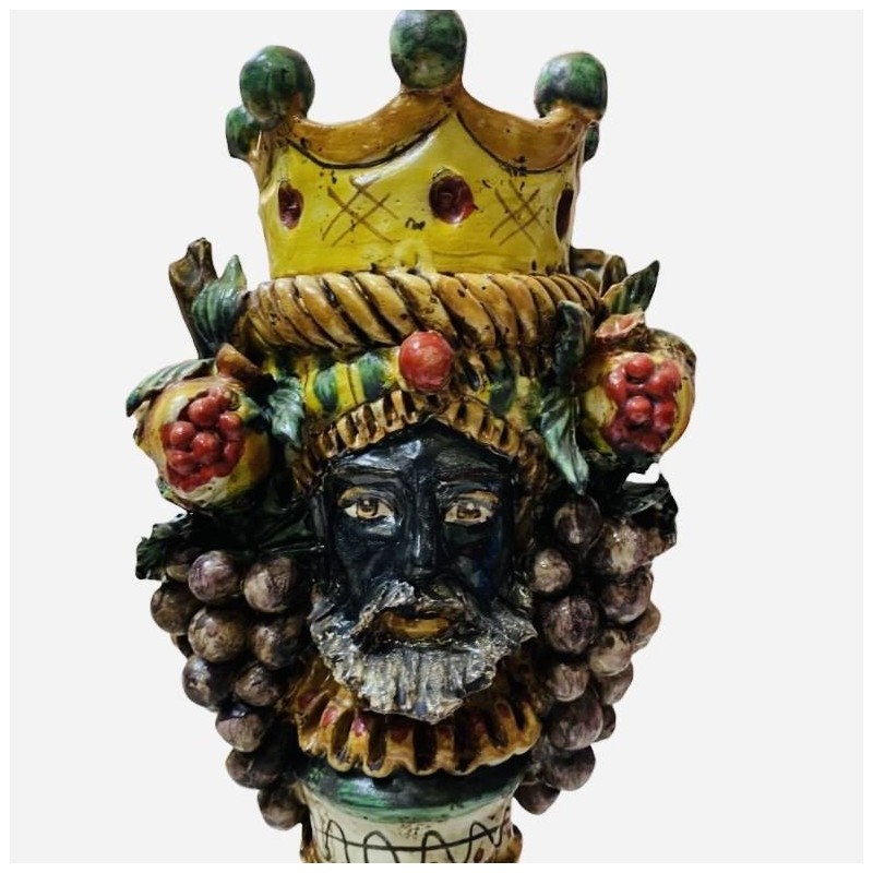 Castiçal Giano Bifronte Cabeça siciliana marrom escura com duas faces, cerâmica Caltagirone, verde vermelho e amarelo - 