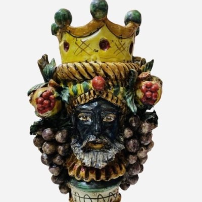 Castiçal Giano Bifronte Cabeça siciliana marrom escura com duas faces, cerâmica Caltagirone, verde vermelho e amarelo - 