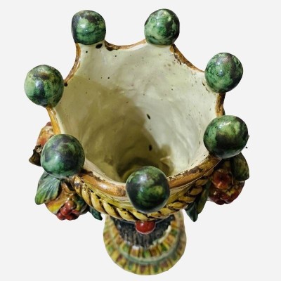 Castiçal Giano Bifronte Cabeça siciliana marrom escura com duas faces, cerâmica Caltagirone, verde vermelho e amarelo - 