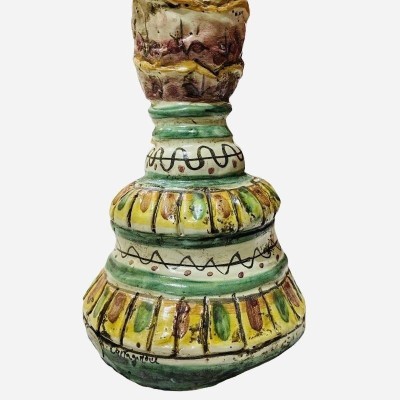 Castiçal Giano Bifronte Cabeça siciliana marrom escura com duas faces, cerâmica Caltagirone, verde vermelho e amarelo - 