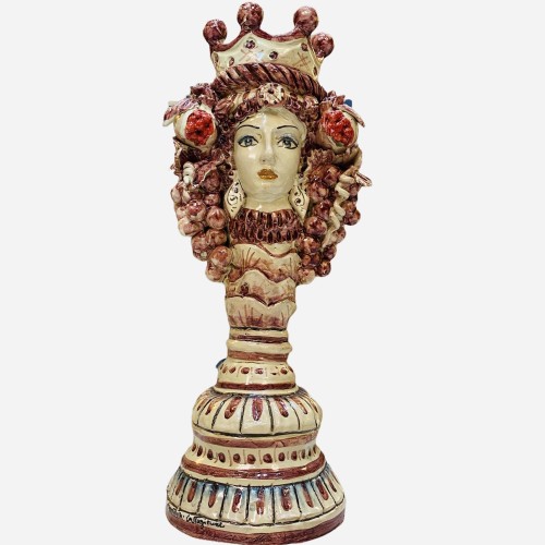 Cabeza de Jano de dos caras Candelabro de cerámica Caltagirone de dos caras, fondo burdeos