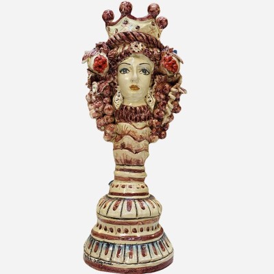 Giano Bifronte testa con due volti Candeliere in ceramica di Caltagirone, fondo Bordeaux - 