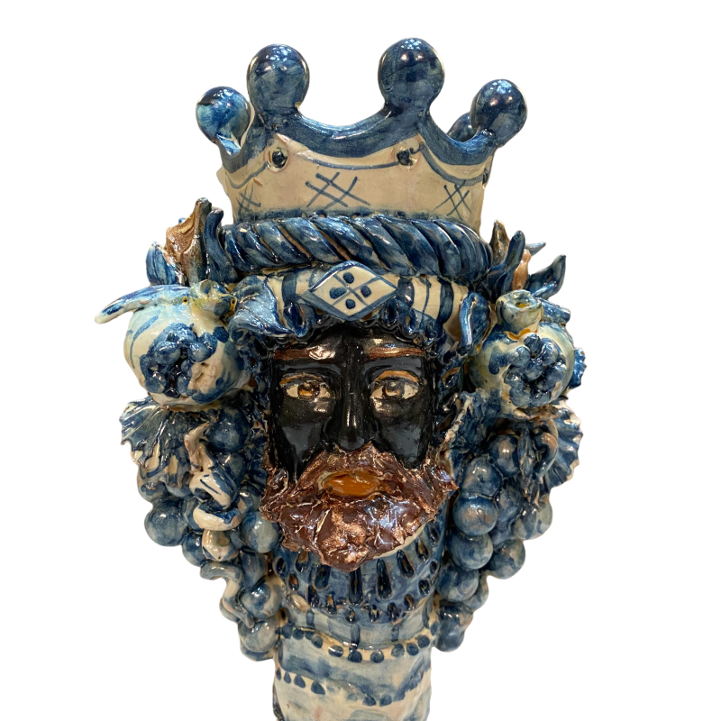 Tête de Janus à deux faces bougeoir en céramique de Caltagirone à deux faces, fond bleu antique - 