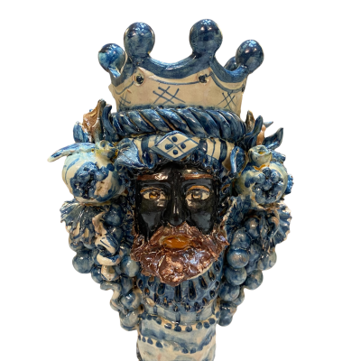 Giano Bifronte testa con due volti Candeliere in ceramica di Caltagirone, fondo Blu antico - 