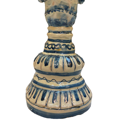 Two-faced Janus head with two faces Caltagirone ceramic candlestick, antique blue background - 