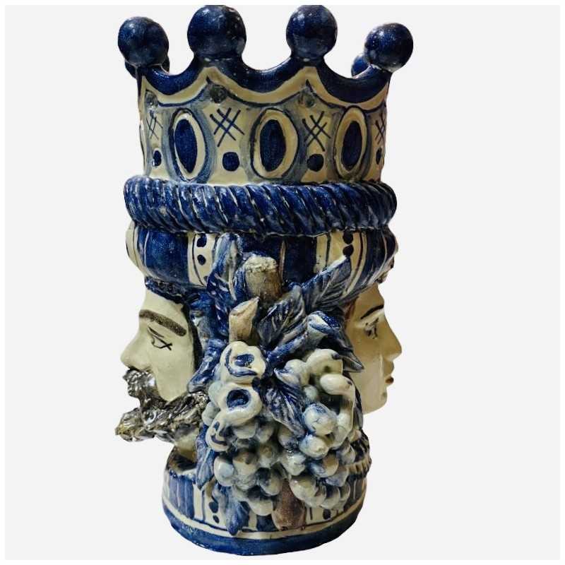 Giano Bifronte testa con due volti in ceramica di Caltagirone, smalto opaco antico colore Blu cobalto - Misure circa h 2
