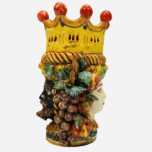 Zweigesichtiger Januskopf mit zwei Gesichtern aus Caltagirone-Keramik, H ca. 24 cm. antike matte Emaille