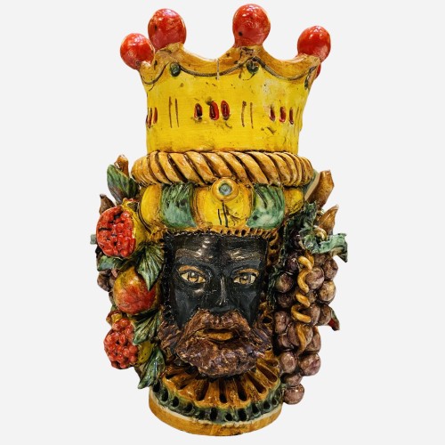 Cabeça Janus de duas faces com duas faces em cerâmica Caltagirone, esmalte antigo opaco - Mede aprox. h 24x16 cm -  2