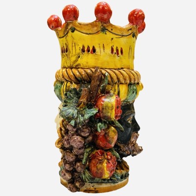 Cabeza de Jano de dos caras con dos caras en cerámica Caltagirone, esmalte antiguo opaco - Medidas aproximadas h 24x16 c