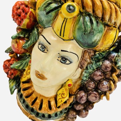 Cabeza de Jano de dos caras con dos caras en cerámica Caltagirone, esmalte antiguo opaco - Medidas aproximadas h 24x16 c