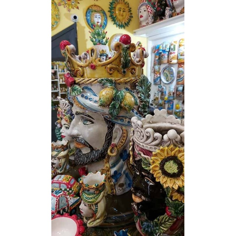 Janus mit zwei Gesichtern, Kopf mit zwei Gesichtern, Caltagirone-Keramik – Höhe ca. 50 cm - 