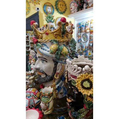 Jano de dos caras, Cabeza con dos caras, Cerámica de Caltagirone - altura aproximadamente 50 cm - 