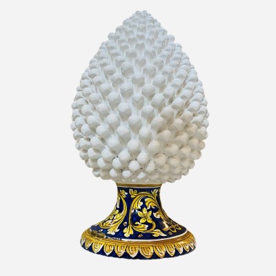 Pomme de pin sicilienne en céramique de Caltagirone - H 40 cm, couleur blanche avec base décorée - 