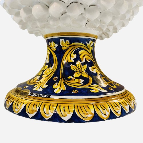 Sicilian pine cone in Caltagirone ceramic - H 40 cm, white color with decorated base -  2