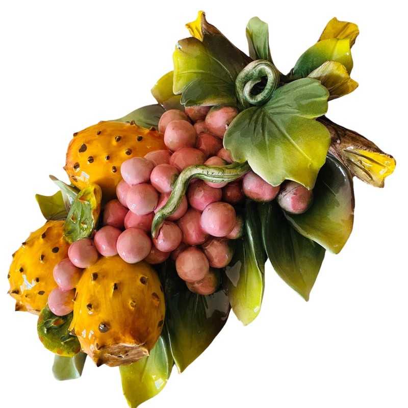 Faisceau en céramique avec figue de barbarie et raisins réalisé et décoré à la main - Dimensions 32x20 cm - 