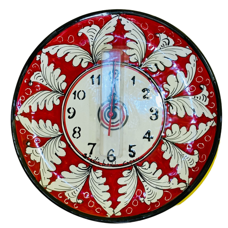 Caltagirone-Keramikuhr - Ø ca. 30 cm Komplett mit Ausrüstung, weißer Dekoration und rotem Hintergrund - 