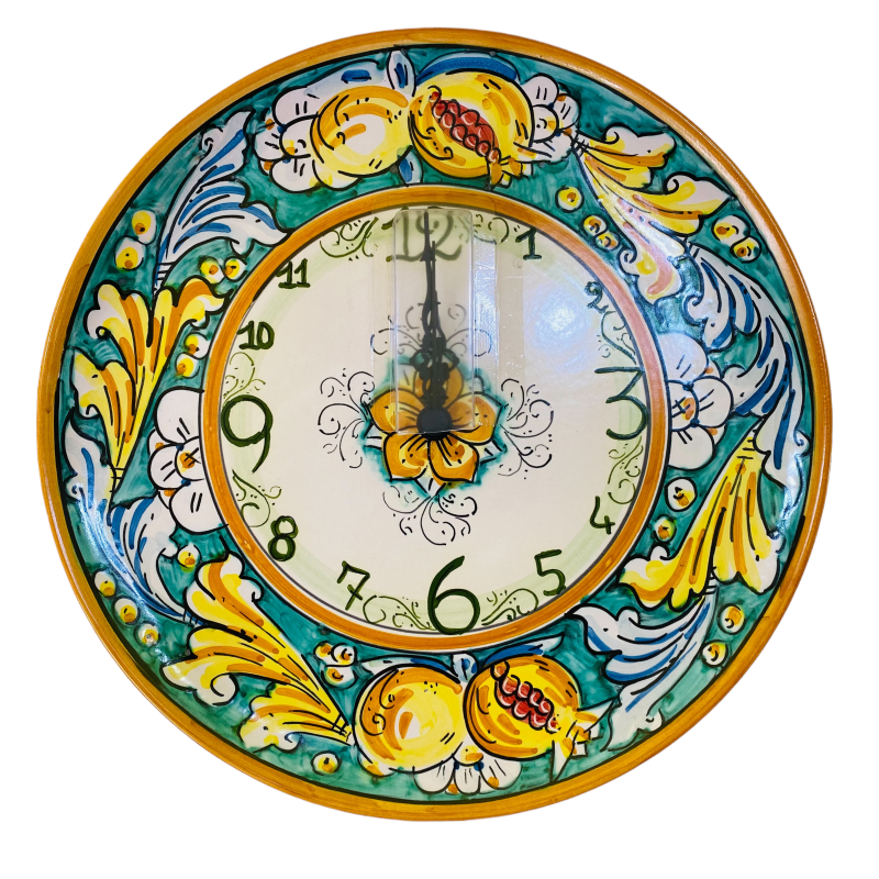 Okrągłe zegary w ceramicznej ceramice Caltagirone w tle Verderame Melograni i dłonie ozdobione cytrynami – średnia 30 cm