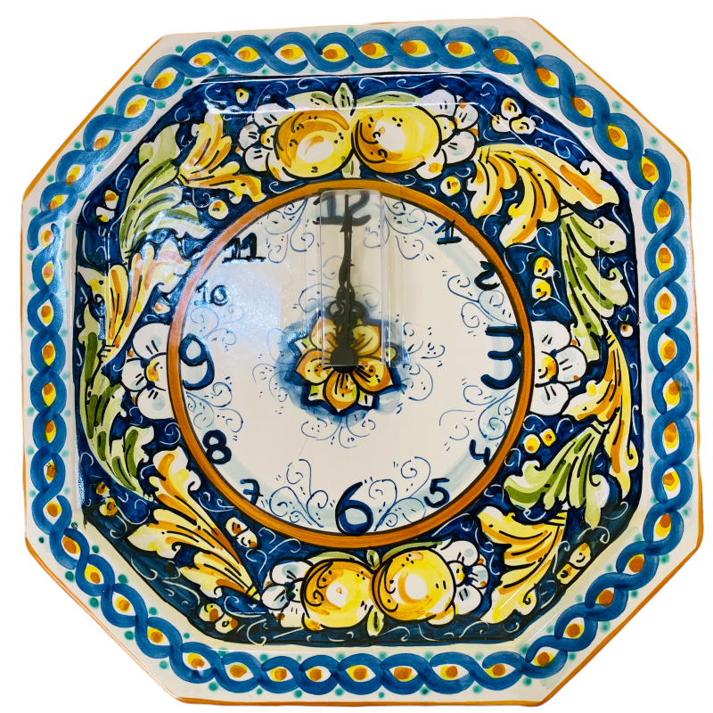 Horloge octogonale en céramique Caltagirone - environ 30 x 30 cm Complet avec engrenage, décoration baroque bleue et cit