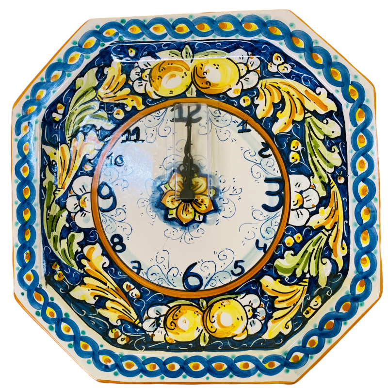 Orologio ottagonale in ceramica Caltagirone - 30 x 30 cm ca. Completo di Ingranaggio, decoro barocco blu e limoni - 