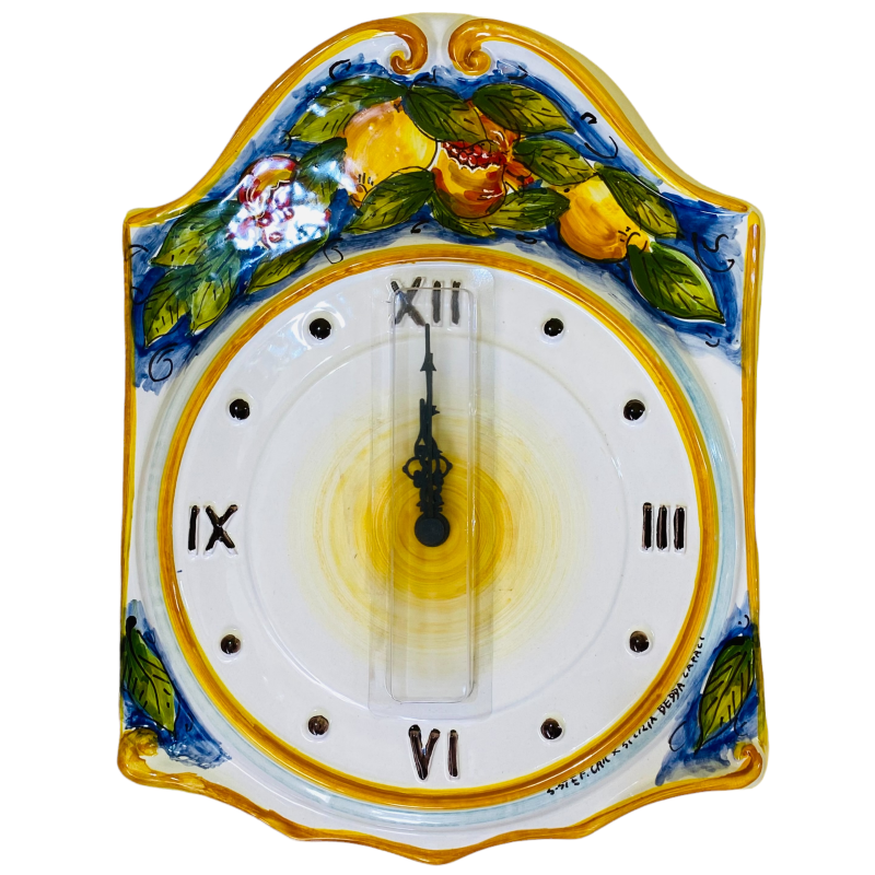 Clock in fine hand-decorated Sicilian ceramic, Blue background with Pomegranates and Lemons - Measures approx. 35x26 cm 