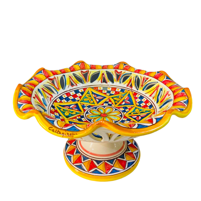 Alzata centrotavola fruttiera smerlato e traforato, ceramica Caltagirone, 3 opzioni misura (1Unità) decoro Carretto Sici