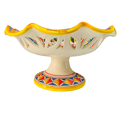 Alzata centrotavola fruttiera smerlato e traforato, ceramica Caltagirone, 3 opzioni misura (1Unità) decoro Carretto Sici