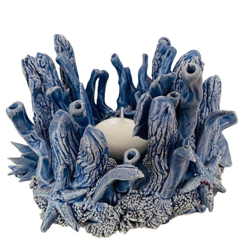 Bougeoir aquarium à décor marin, h 13 x 15 cm environ. Céramique fine, Avion - 