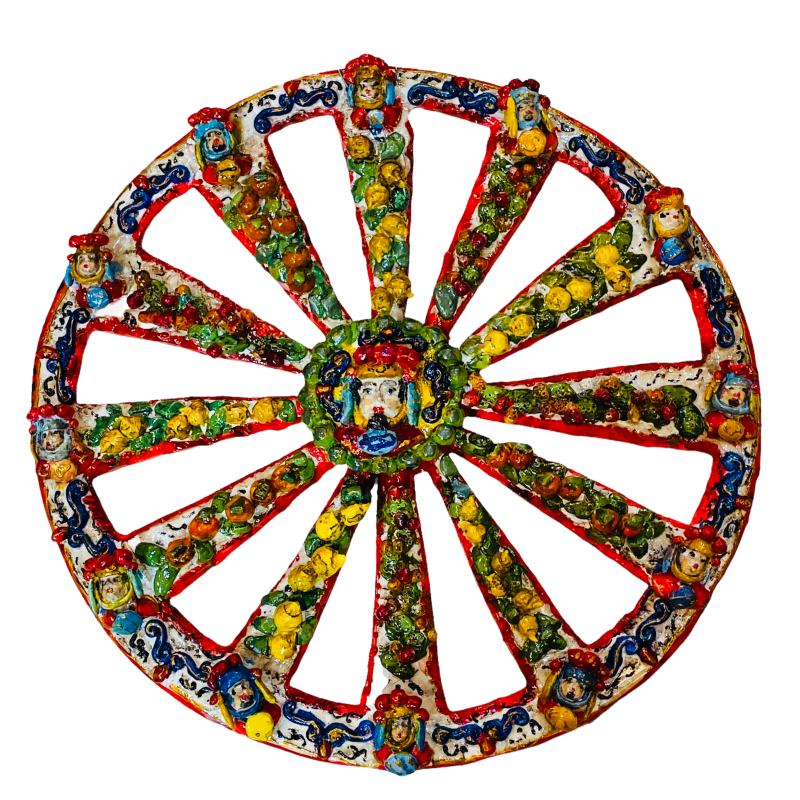 Ruota di carretto siciliano in ceramica realizzata a mano, paladini, limoni  e ficodindia - diametro 28 cm