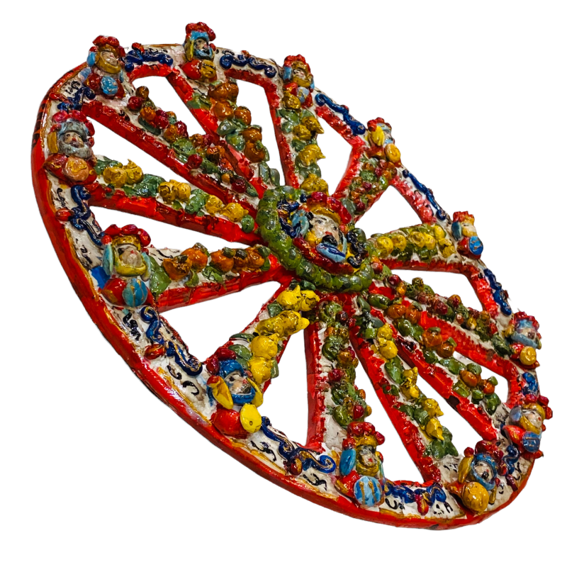 Handgefertigtes sizilianisches Wagenrad aus Keramik, Paladine, Zitronen und Kaktusfeigen – Durchmesser 28 cm - 