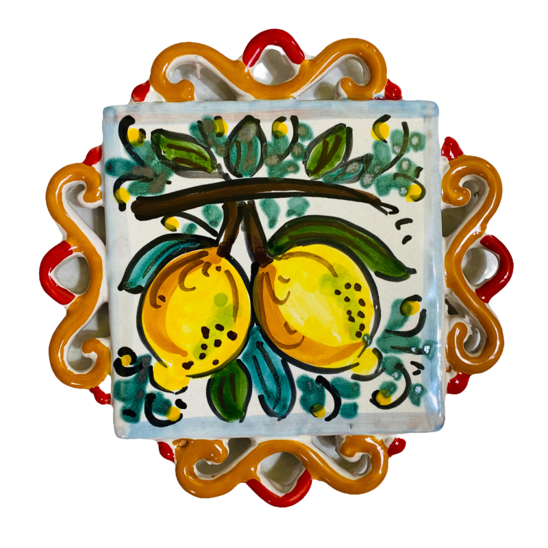Perforierter Topfständer aus Caltagirone-Keramik, 14 x 14 cm, von Hand dekoriert - 